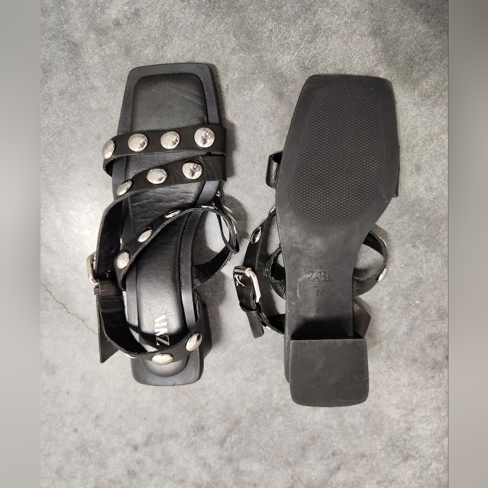 NEW Zara Size 6 / EU 36 Black Studded Leather Heels Sandals - Picture 4 of 4